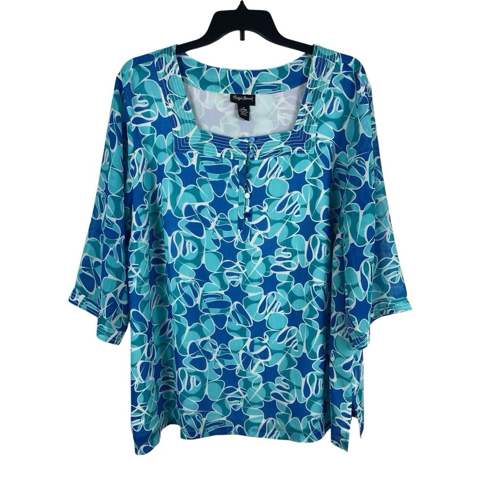 Maggie Barnes 3X Blue Abstract Sheer Lined Blouse 3/4 Sleeve Tunic Top